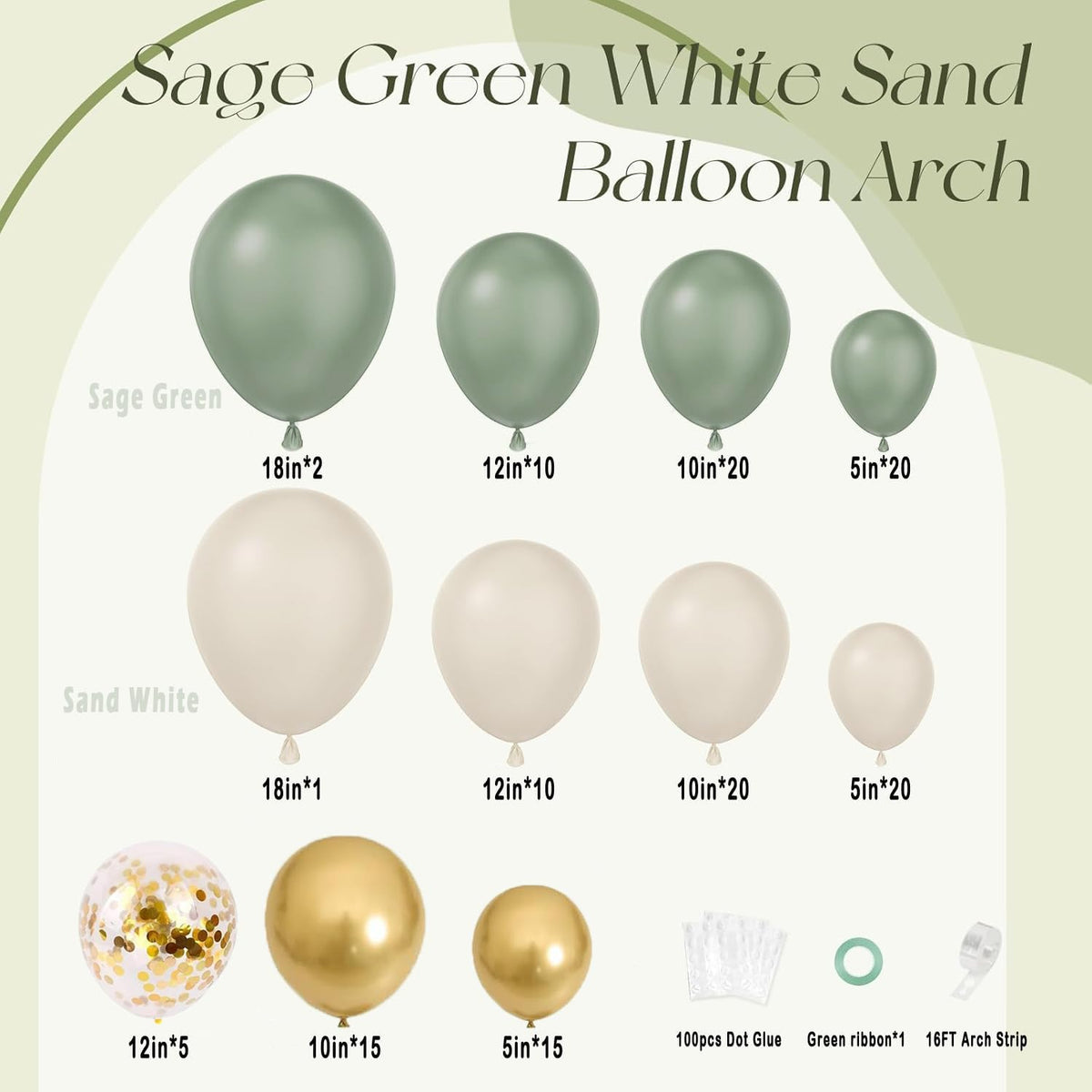 Sage Green Balloon Arch Kit, 141pcs Sage Green Gold Sand White Balloons for Wedding Engagement