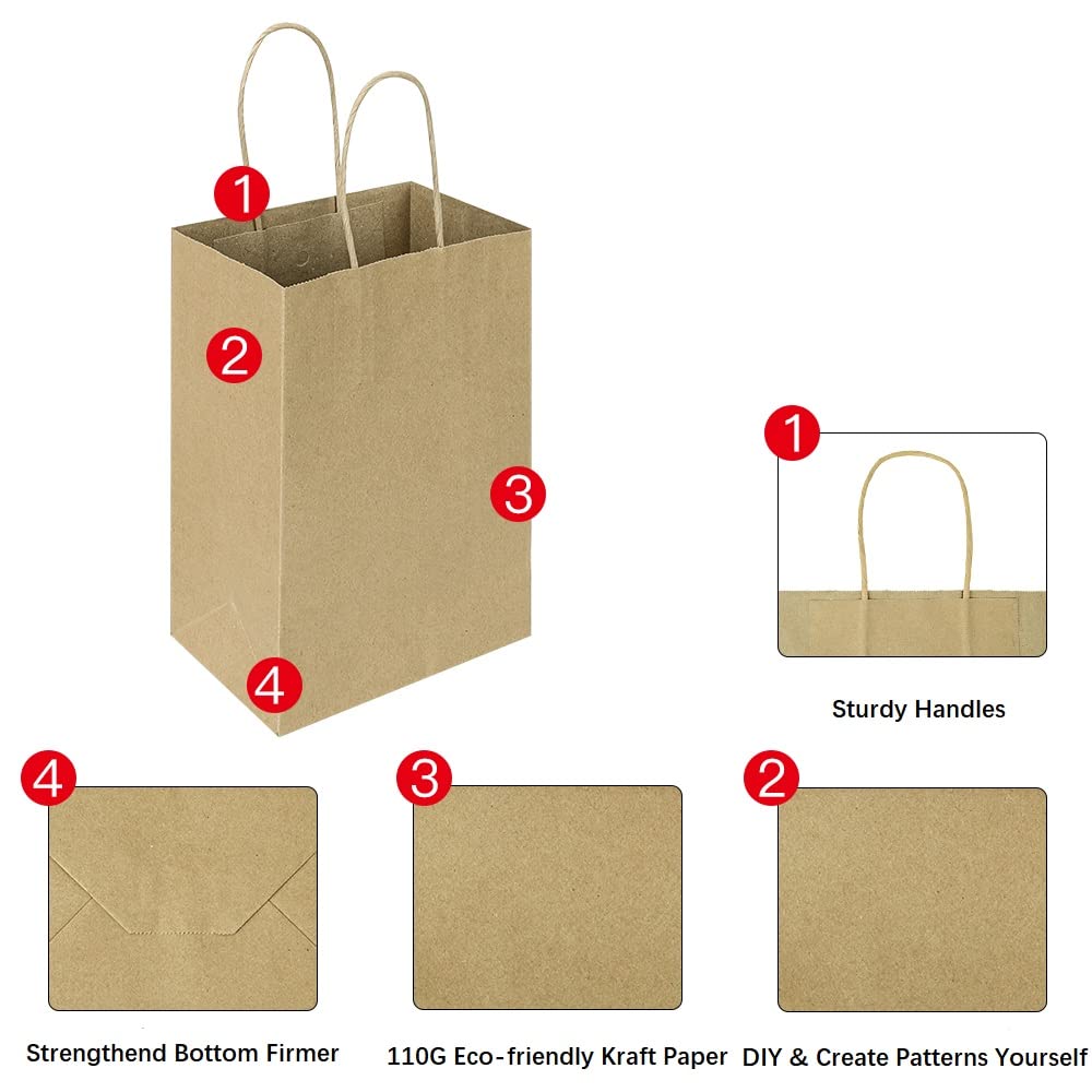 Oikss 100 Pack 5.25x3.25x8.25 Inch Small Plain Natural Kraft Paper Gift Bags with Handles Bulk for