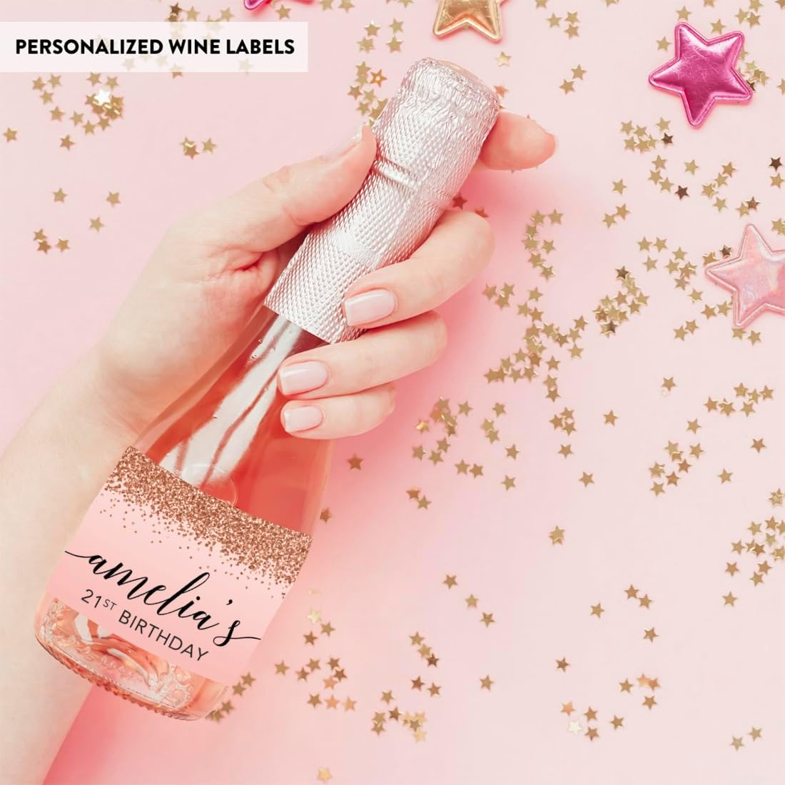 Andaz Press Personalized Mini Champagne Wine Bottle Labels, Birthday Blush Pink Faux Rose Gold