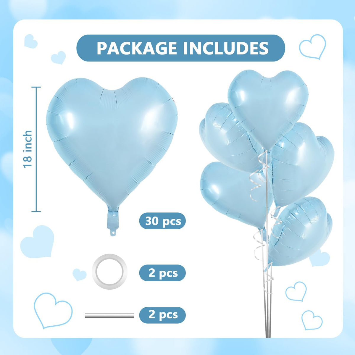 TONIFUL 30Pcs 18 Inch Baby Blue Heart Balloons Pastel Blue Heart Shape Foil Mylar Balloons