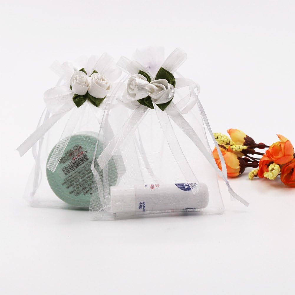 SumDirect Rose Organza Gift Bags - 50Pcs 4x5 inch White Wedding Favor Gift Bags, Jewelry Pouches