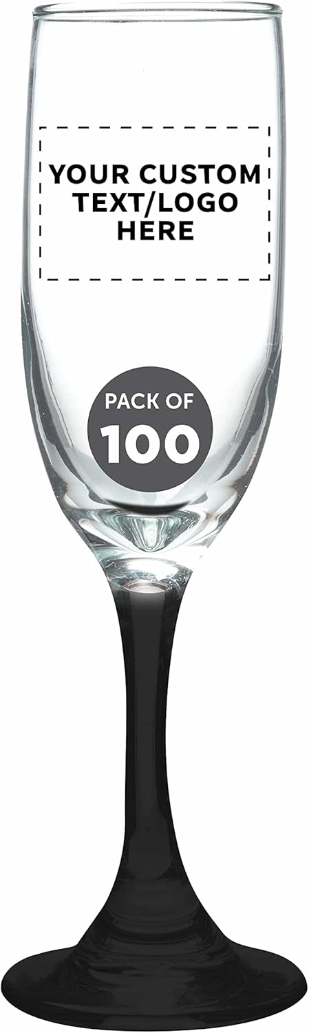 DISCOUNT PROMOS Custom Premiere Champagne Flutes 6.25 oz. Set of 100, Personalized Bulk Pack