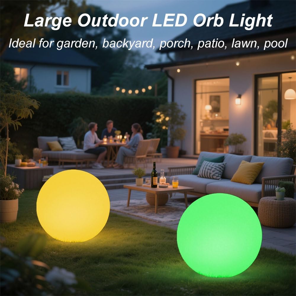 Large LED Glowing Ball Light, 20-in Outdoor LED Garden Orb Lights, Rechargeable Globe Lights RGB