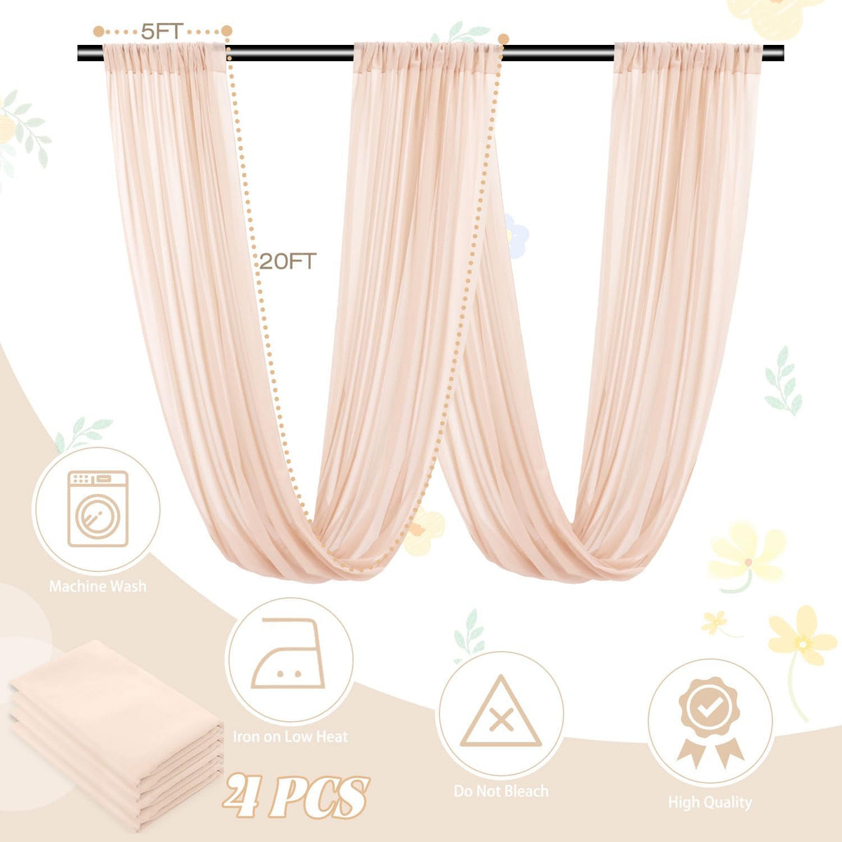 FUHSY Ceiling Drapes for Weddings 4 Panels 5x20 FT Champagne Chiffon Fabric Drape Sheer Backdrop