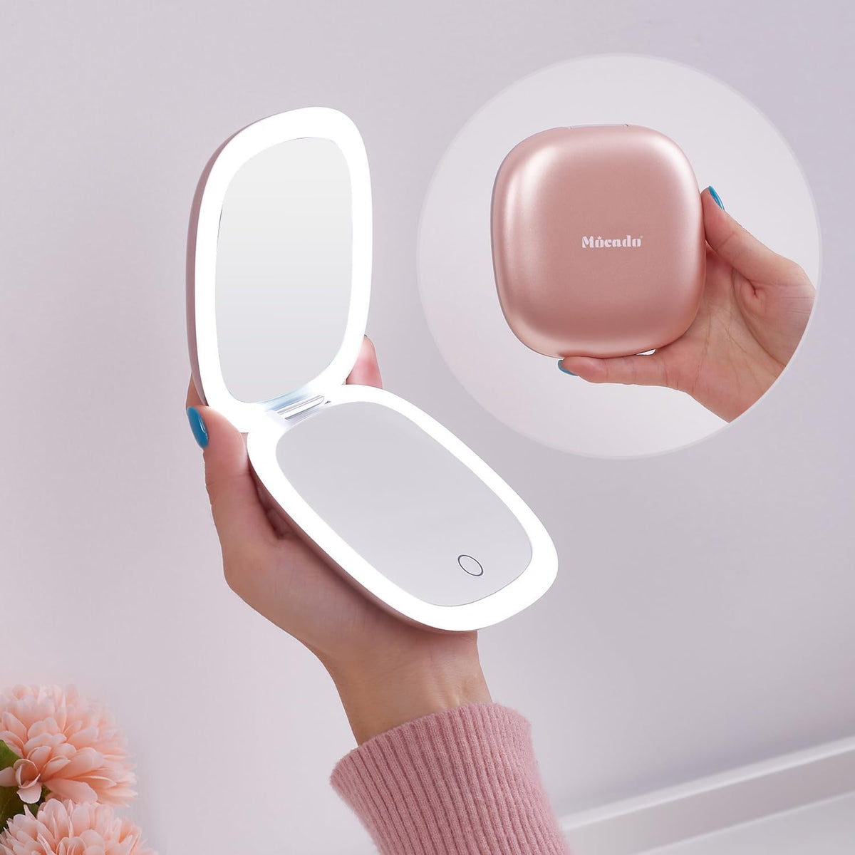 Mocado Compact LED Magnifying Travel Makeup-Mirror - 4 inches 1X/10X Magnification Small Hand