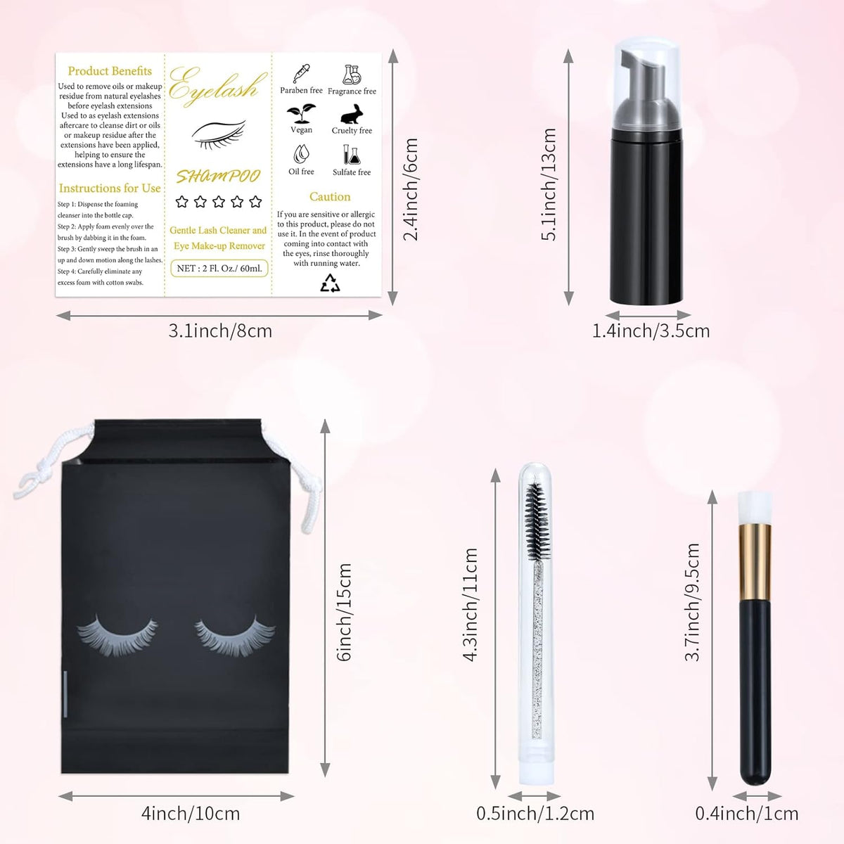 50 Pcs Lash Shampoo Bottle Brushes Set 10 Empty Foam Pump Dispensers 10 Label Stickers 10 Mascara