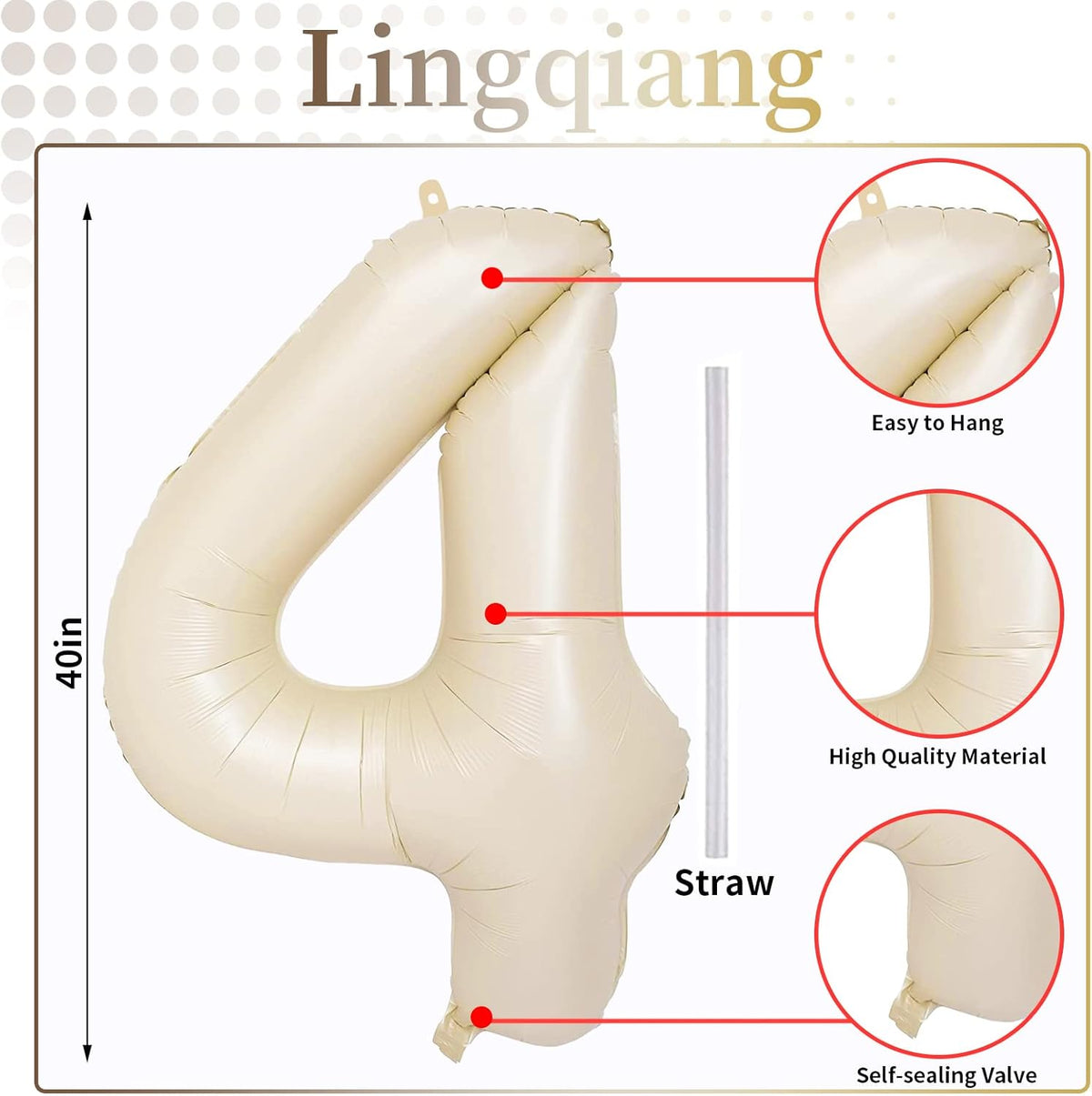 Cream 4 Balloons, 40 Inch Large Beige Foil Number Balloons Set 0-9, Self Inflating White Sand