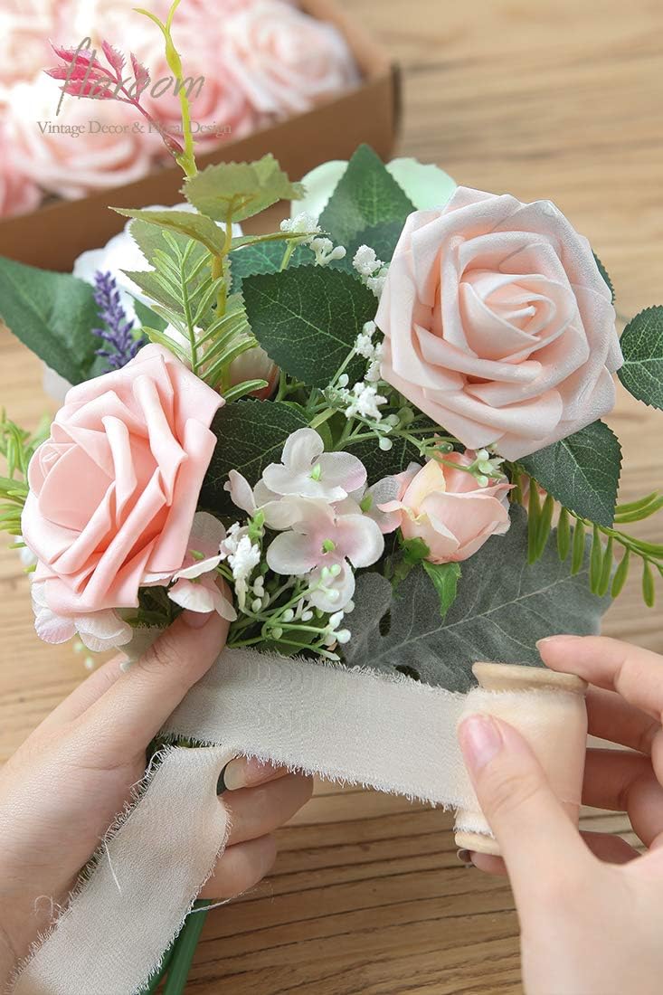 Floroom Artificial Flowers 25pcs Real Looking Shimmer Blush and Peach Foam Fake Roses with Stems