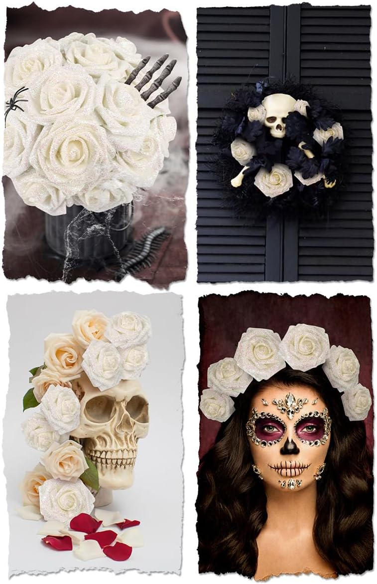 N&T NIETING Artificial Flowers Glowing White Flowers Foam 50pcs Glitter Roses Real Looking Fake