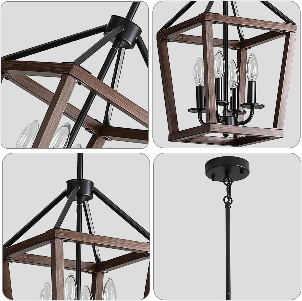 Farmhouse orb Metal Chandelier，4-Light Vintage Handmade Rustic Wood Pendant Hanging Light Fixture