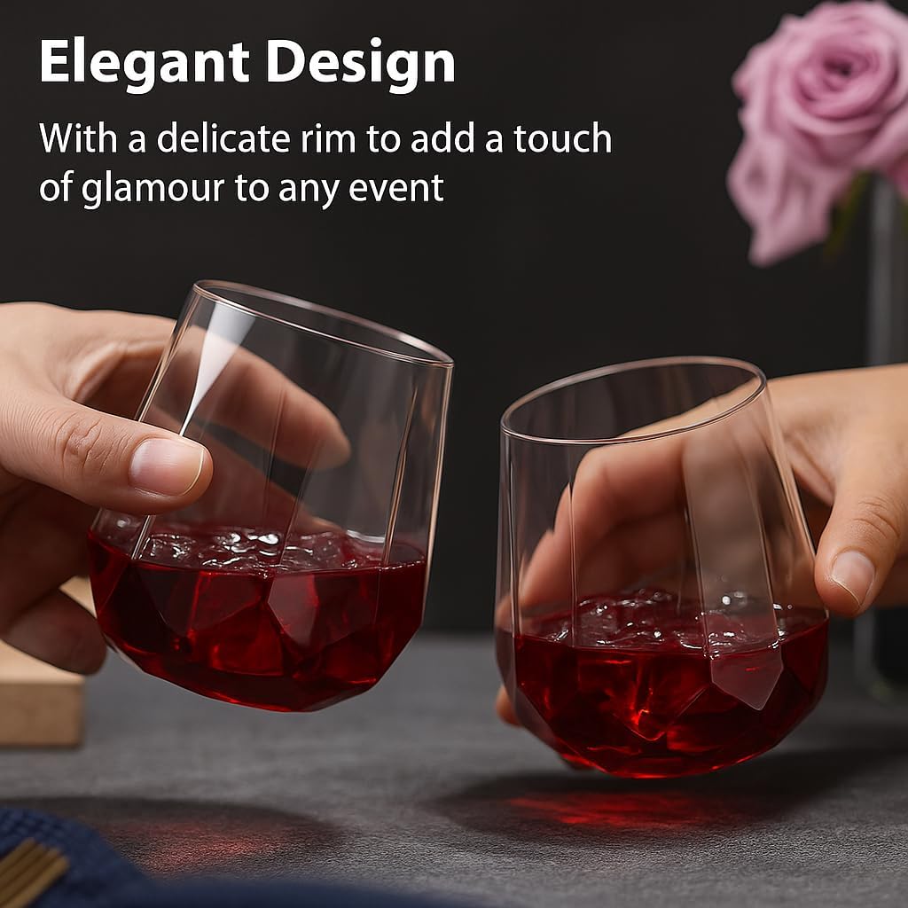 40 count Diamond Unbreakable Stemless Plastic Wine Champagne Whiskey Glasses Elegant Durable