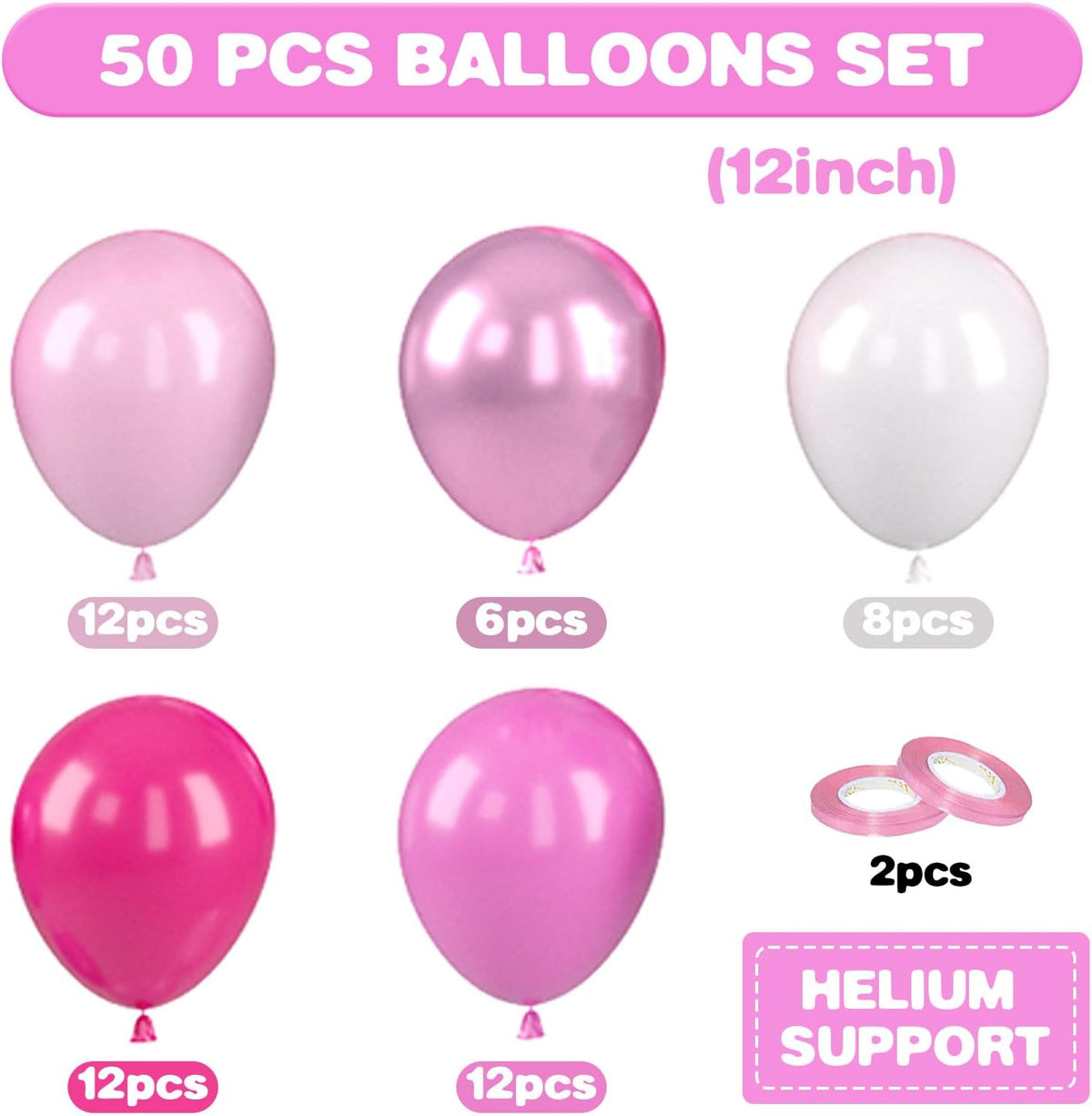 Pink Balloons, 12 Inch Hot Pink Balloons, Pastel Metallic Pink White Latex Balloon Helium for Girls