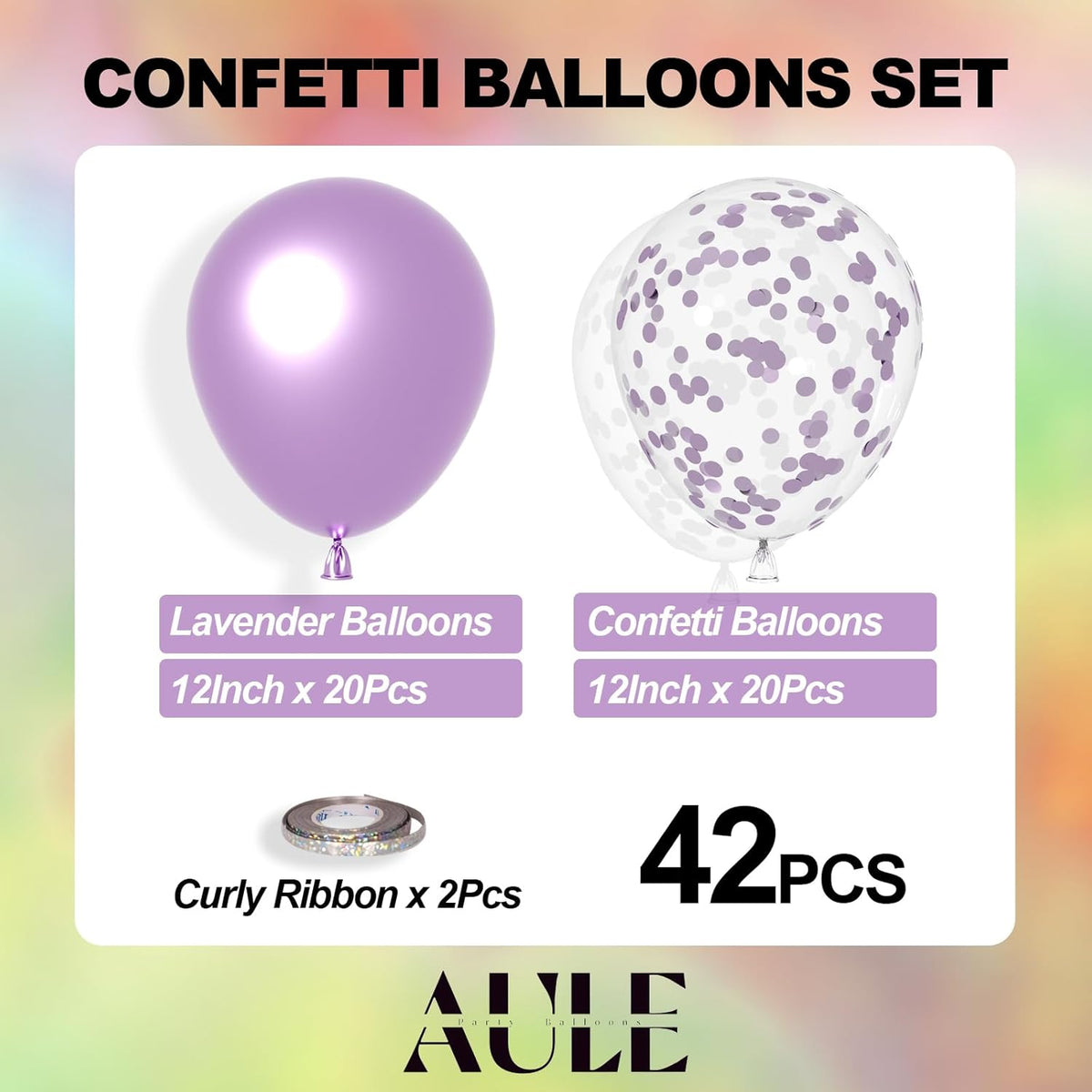 AULE Party Balloons Pack of 42 - Metallic Lavender Balloons and Confetti Latex Helium Balloons With
