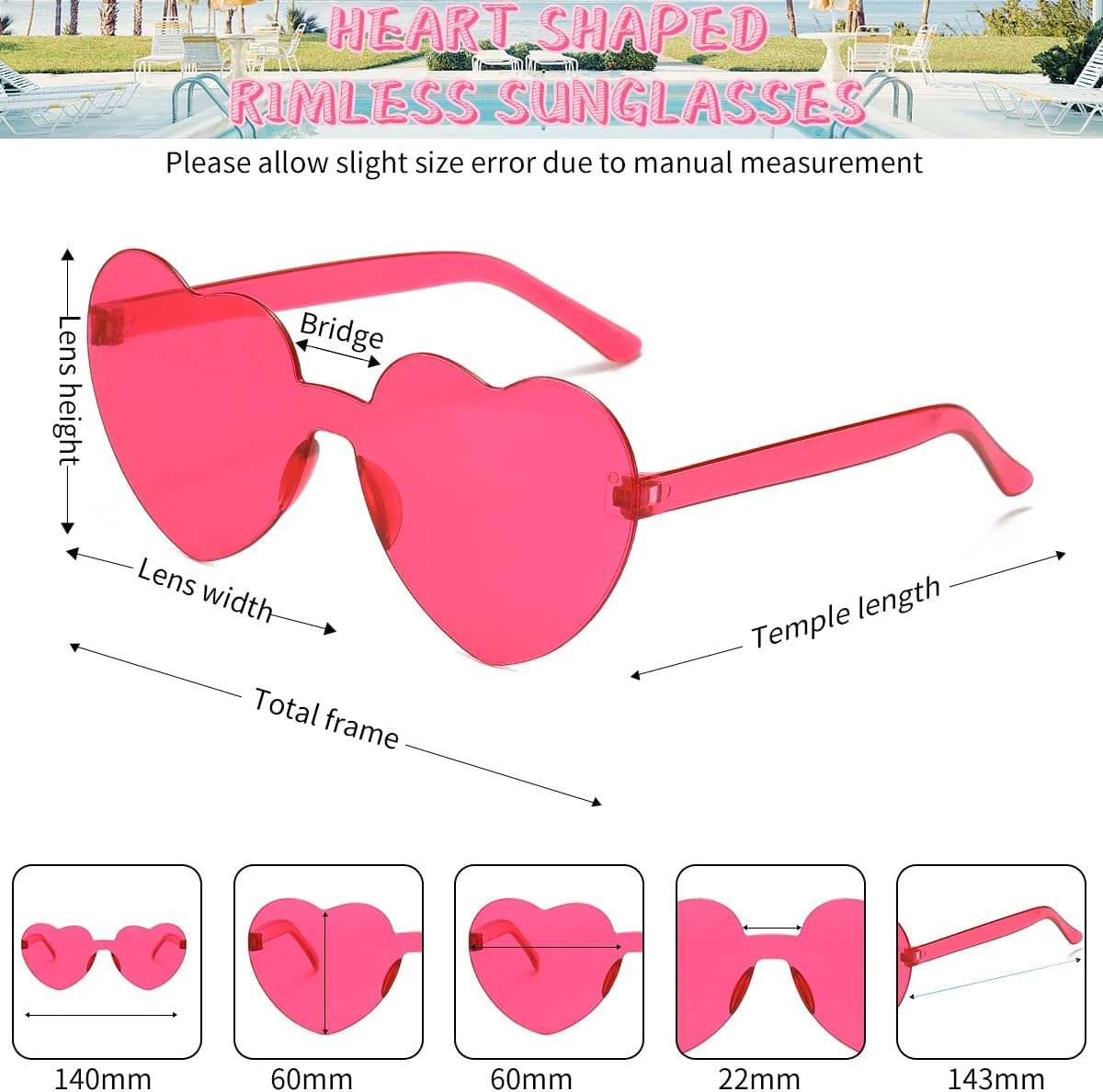 12/20/24 Pairs Heart Sunglasses for Women Men, Trendy Heart Shaped Rimless Transparent Sunglasses