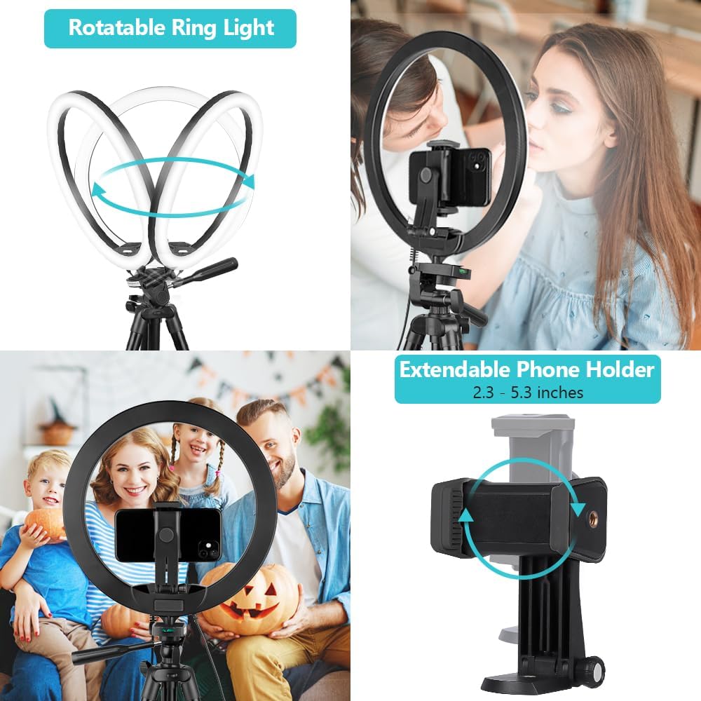 Sensyne 12'' Ring Light with 50'' Extendable Tripod Stand, LED Circle Lights with Phone Holder for