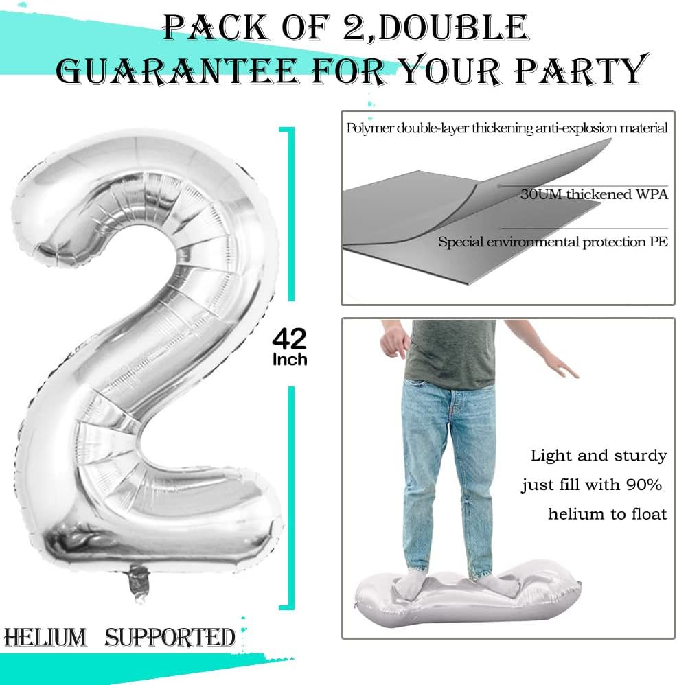 GOER Silver Number 2 Foil Balloons,Huge Number Balloons for 2nd 22nd Birthday Party Supplies