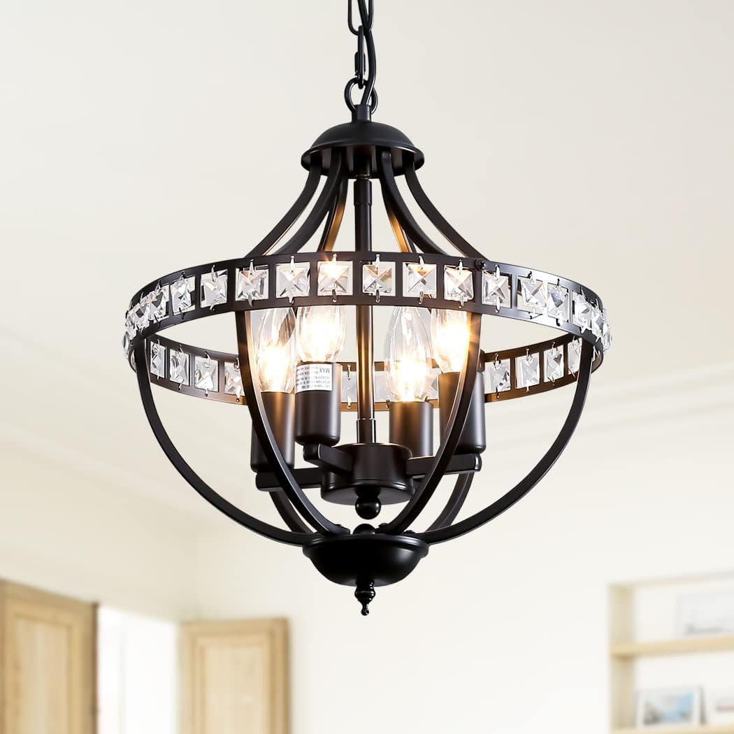 Crystal Chandelier Light Fixtures, 4-Lights Farmhouse Rustic Vintage Black Pendant Hanging Lighting
