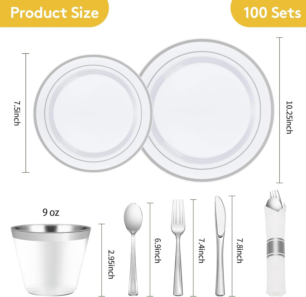 Goodluck 700 Piece Silver Plastic Dinnerware Set for 100 Guests, Disposable Plates for Party