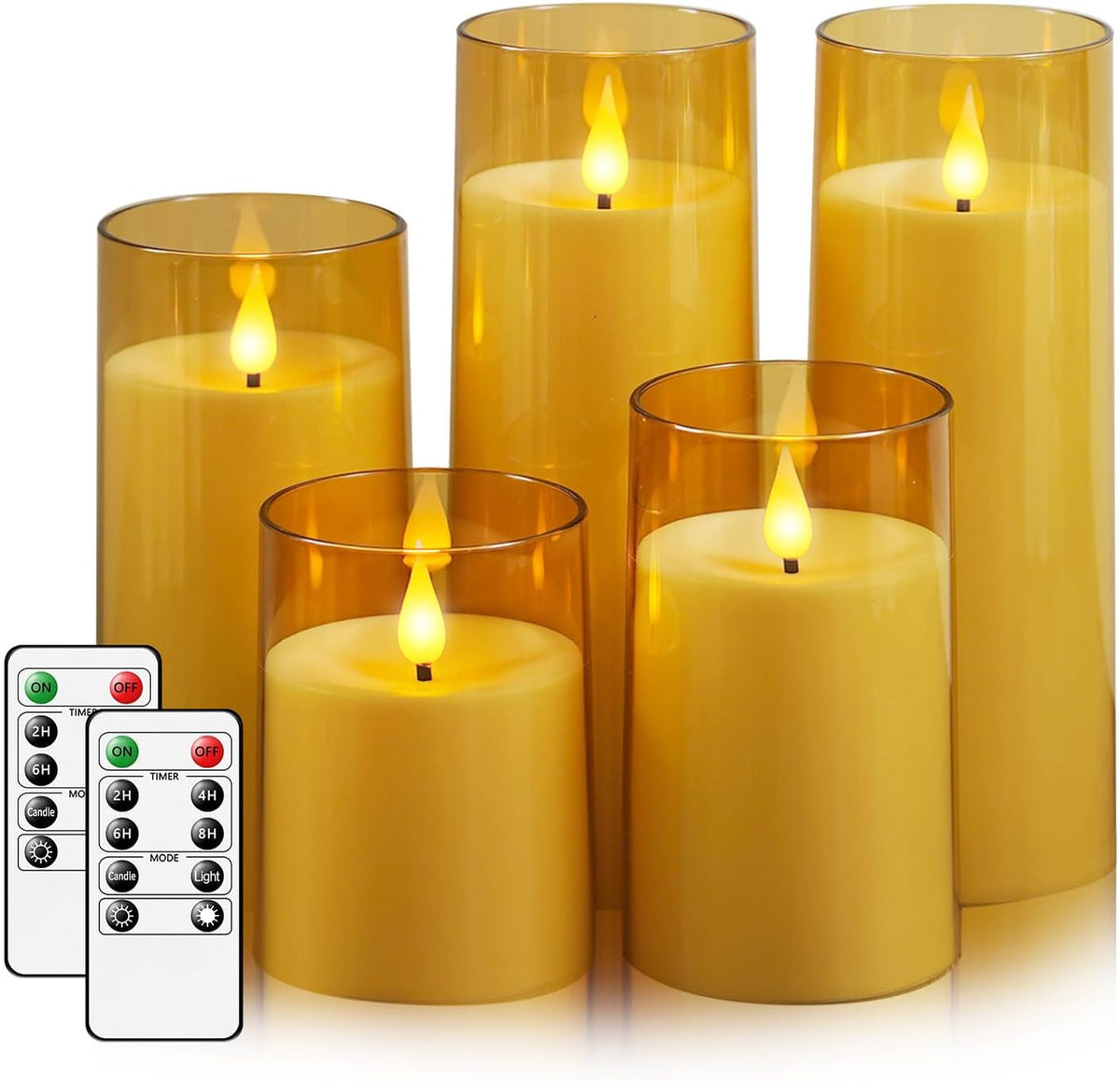 Fo32won Amber LED Flameless Pillar Candles Battery Operated with Remote and Timer, Set of 5 (D 3"×H