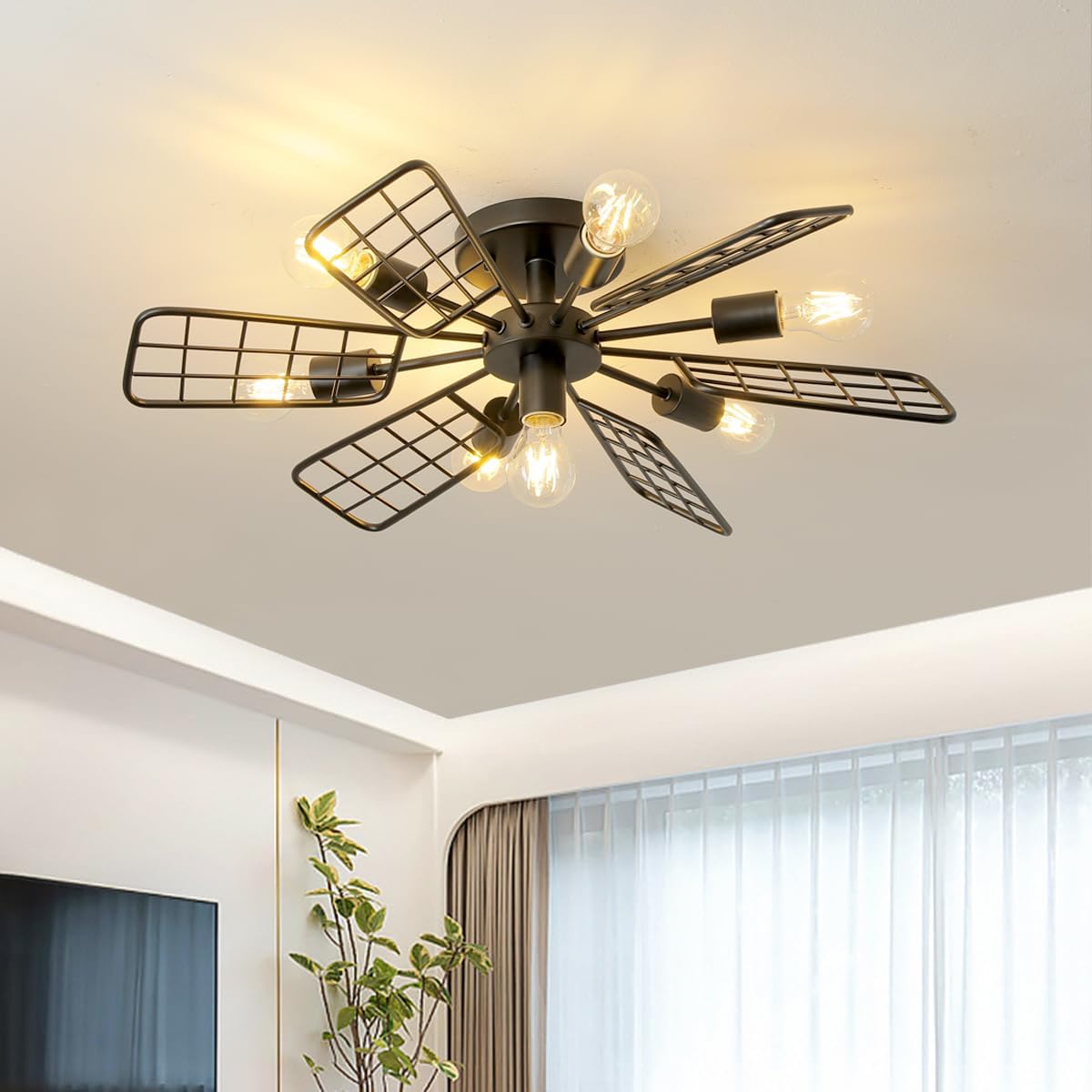 Modern Farmhouse Chandelier,28 Inch Black Metal Geometry Rustic Vintage Semi Flush Mounted Ceiling