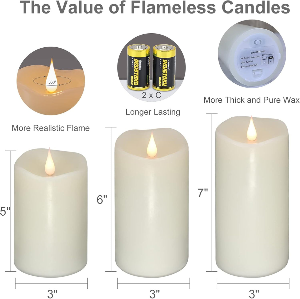 Flickering Flameless Candles with 3D Moving Flame Set of 3(H 5" 6" 7" x D 3"), Last 1000+ Hours