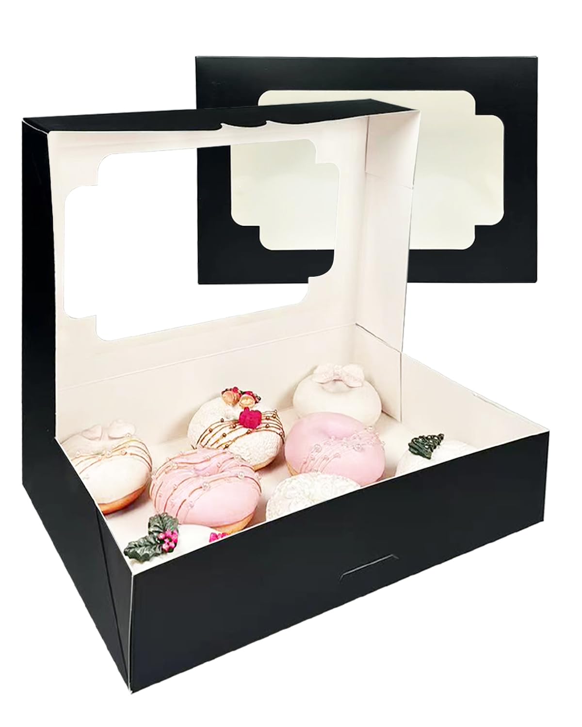 qiqee Auto-pop up Black Cookie Box with Window 12x8x2.5 inch 32 Packs Two Uses One Second Folding