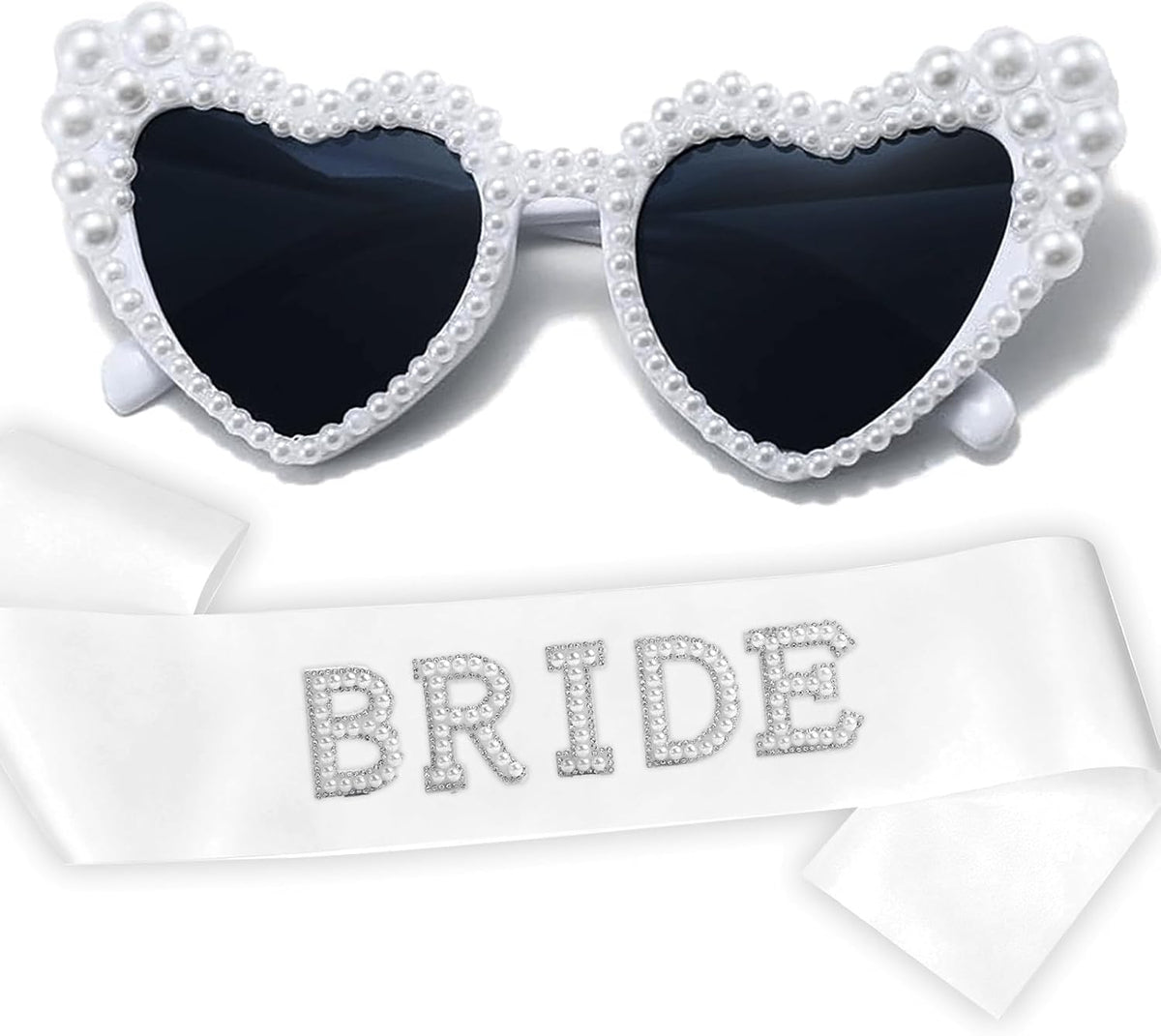 Pearl Bride Sunglasses with Sash - White Heart Sunglasses for Bachelorette Party Decorations Bridal