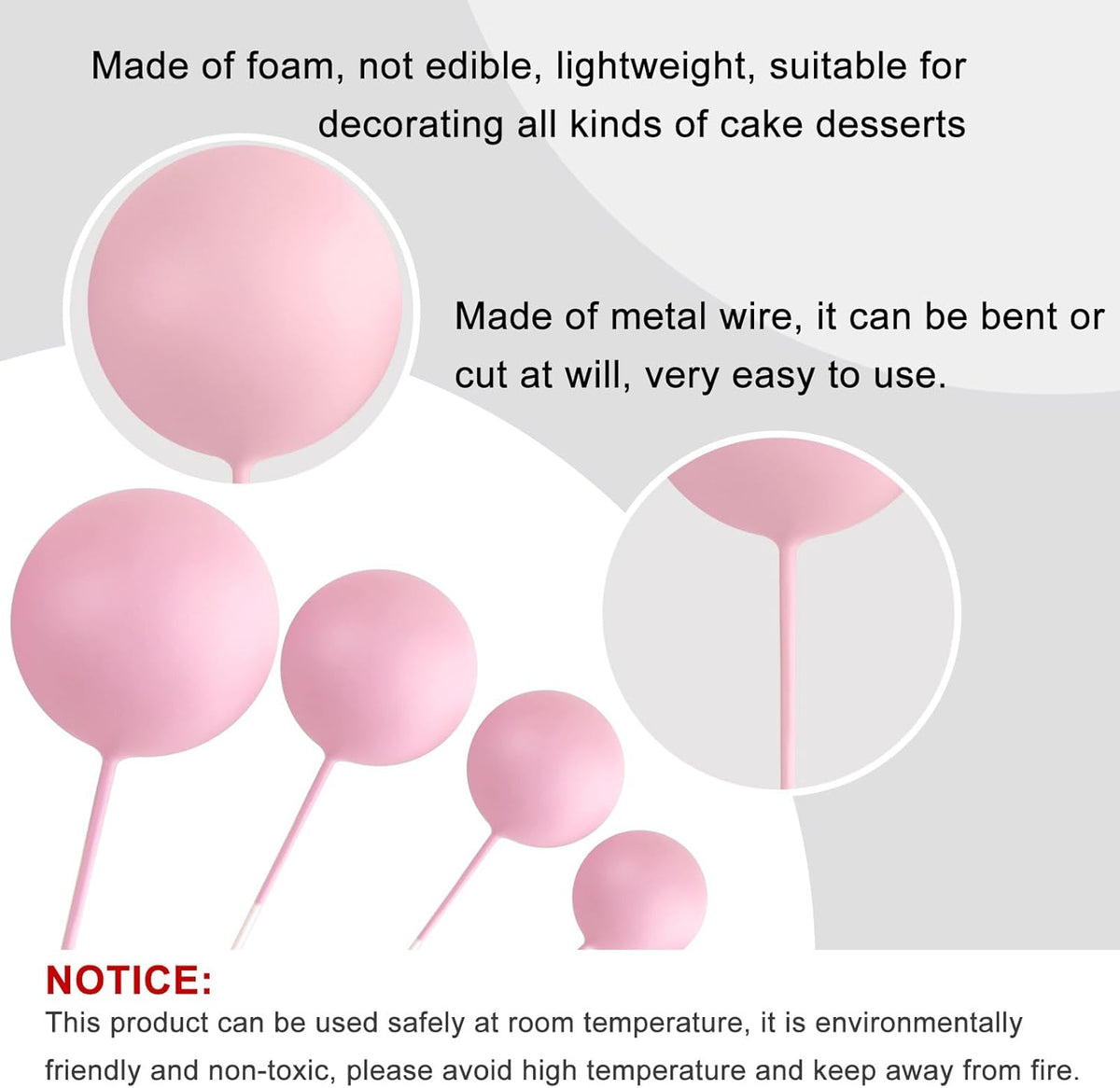 ASTARON 20 Pcs Ball Cake Topper Decorations Mini Balloons Cake Topper Sticks Light Pink Balls Cake