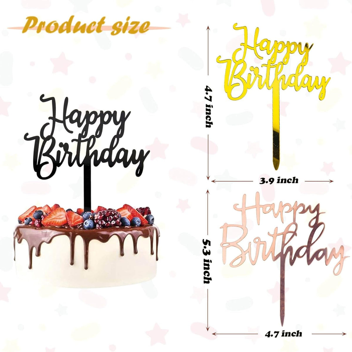 Happy Birthday Cake Toppers - 6 Pack (2 Styles, 3 Colors) Acrylic Cake Decorations for Women & Men
