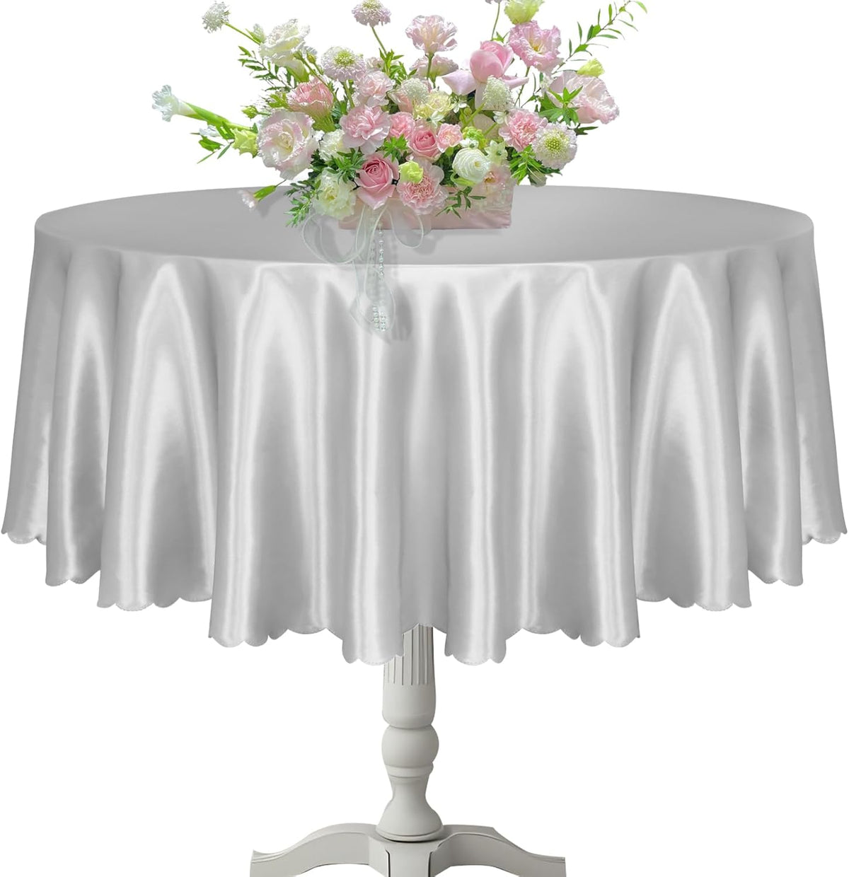 KKJIAF 1 Pack Round Table Cloths 90 Inch, Silver Overlay Round Satin Table Cover, Silky Satin