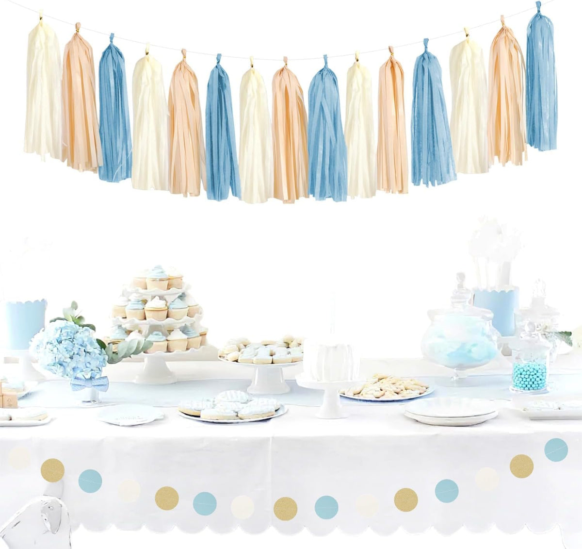 Dusty-Blue Baby-Shower Party-Decorations Tassel-Garland - 15pcs Neutral Boho Birthday Wedding
