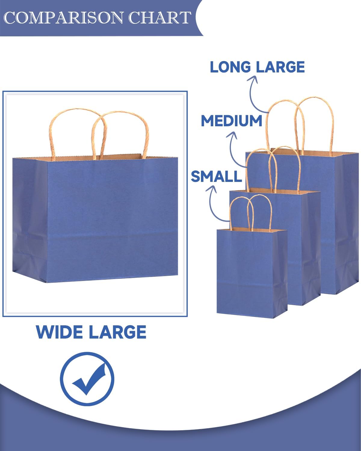 qiqee 100PCS Large Gift Bag with Handles Bulk 13"x4.5"x10" Gift Bags Kraft Deep Blue Multiple Uses