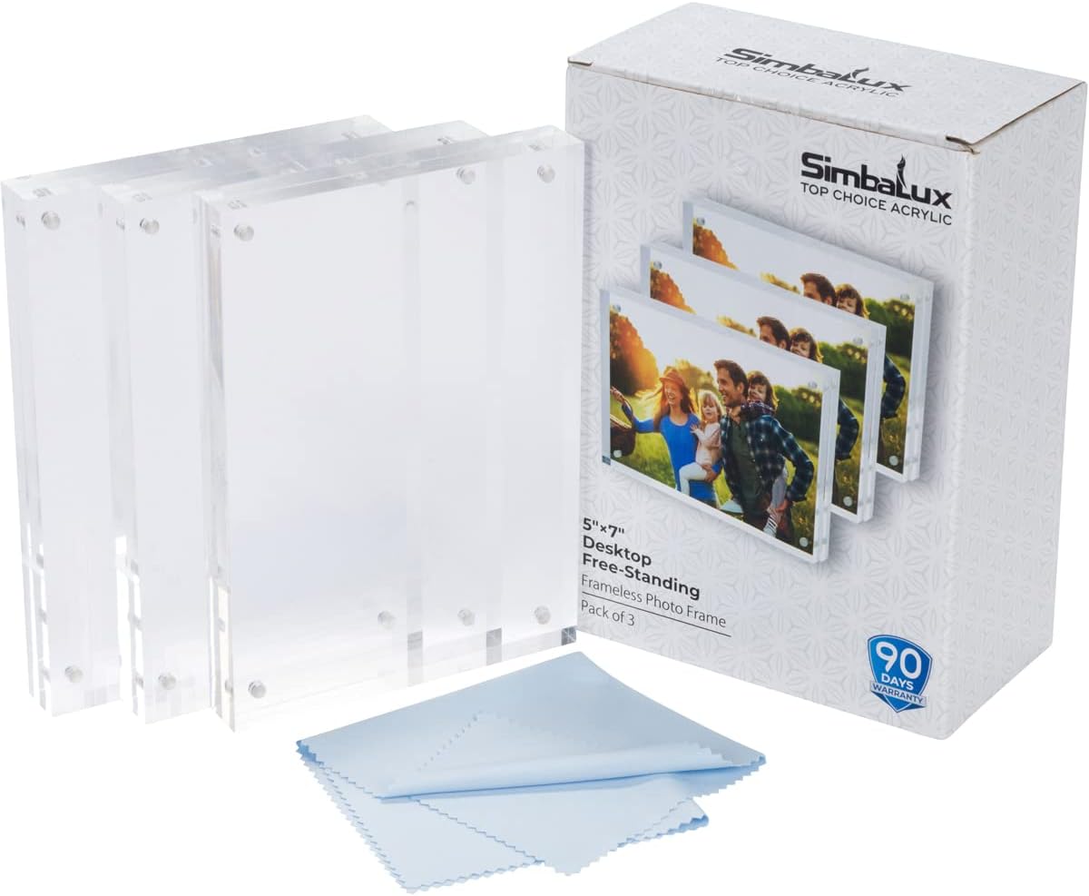 SimbaLux Magnetic Acrylic Picture Photo Frame 5x7 inches (3 Pack), Clear Glass Like, Double Sided