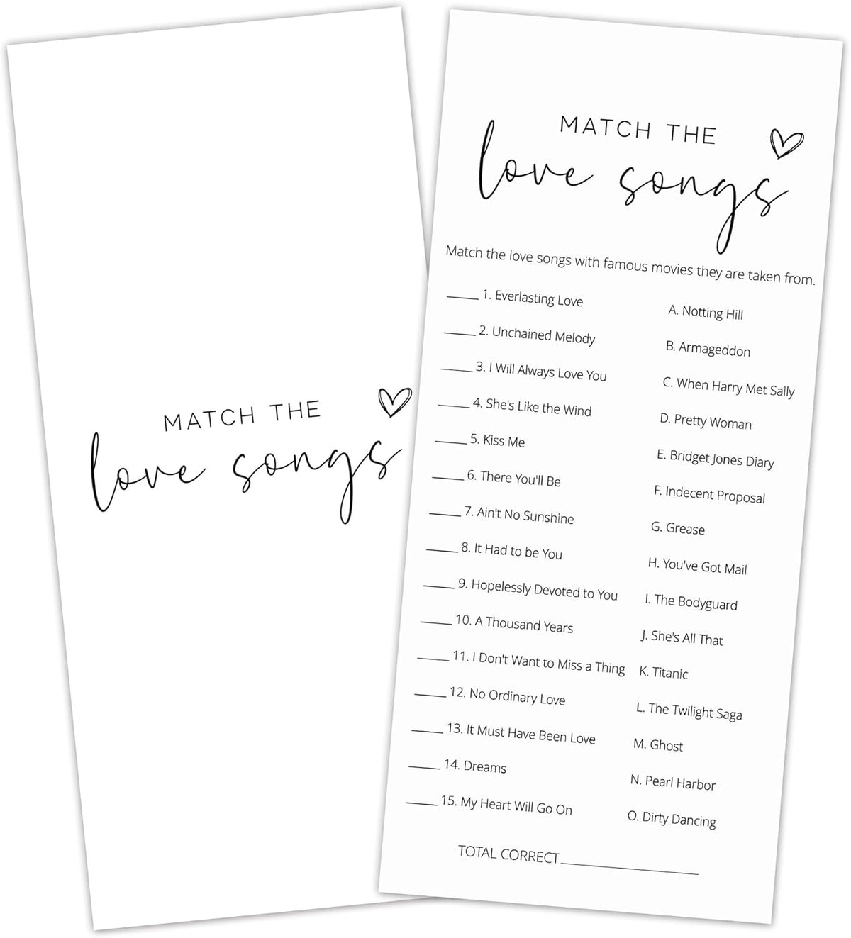Bridal Shower Games, Match the Love Songs, 25Pcs 4x9in Minimalist White Double-Sided Bridal Game