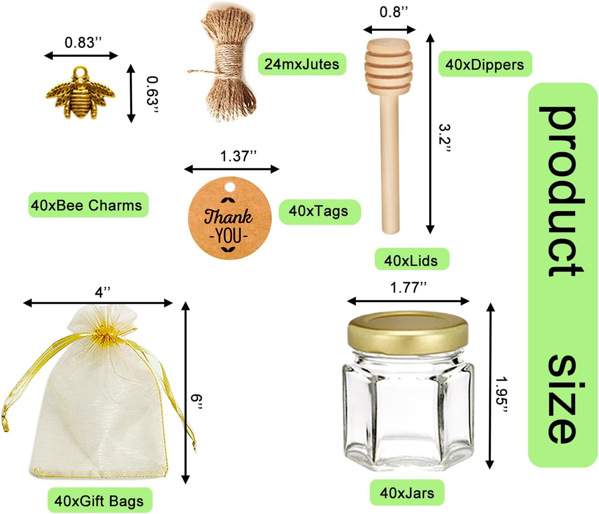 Adabocute Mini Honey Jars - Honey Pot With Honey Dipper, Bee Pendants, Jutes, Tags and Gold Organza