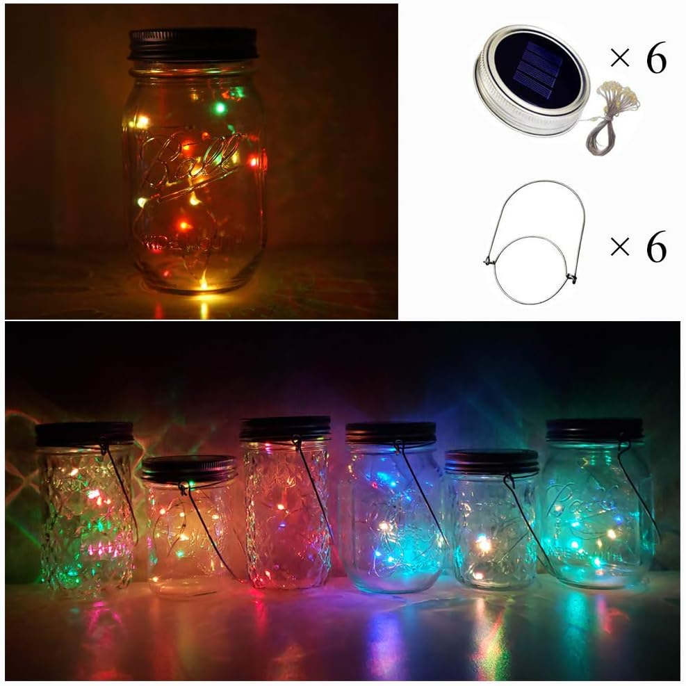 Solar Mason Jar Lights, 6 Pack 10 LED Jar Lid String Lights with 6 Hangers(No Jars), Waterproof