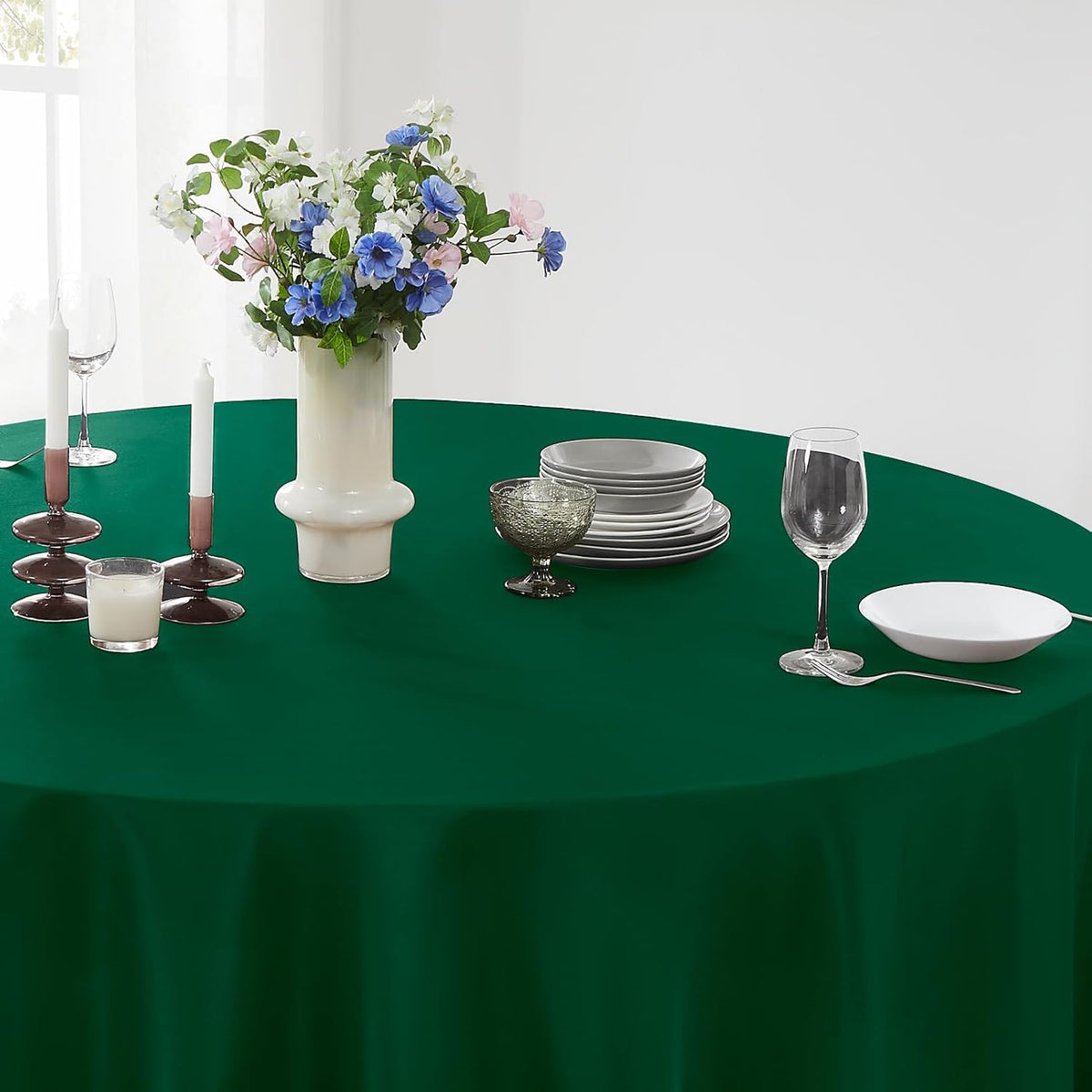 Round Tablecloth 6 Pack 90 Inch Dark Green Tablecloths Washable Decorative Linen Polyester Table