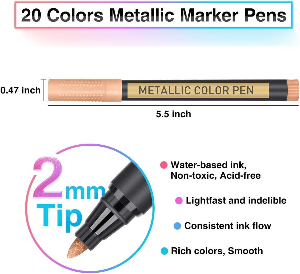 JR.WHITE Metallic Paint Markers, 20 Colors Paint Pen Craft Markers for Art, Rock Painting, Photo
