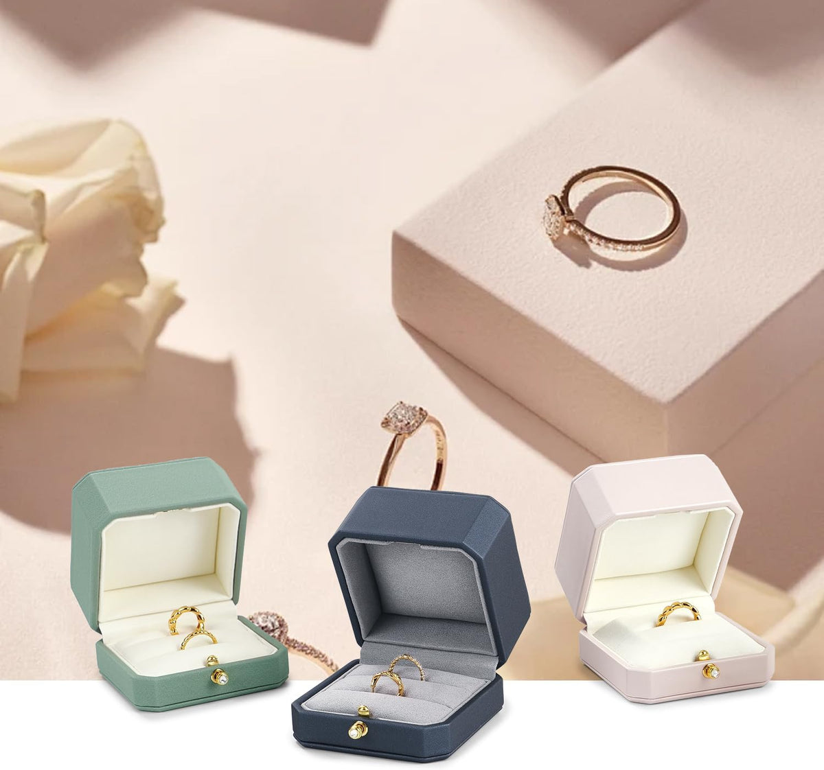 Oirlv Luxury Leather Ring Box for Jewelry Gift Octagon Women Ring Holder for Wedding Day, Proposal