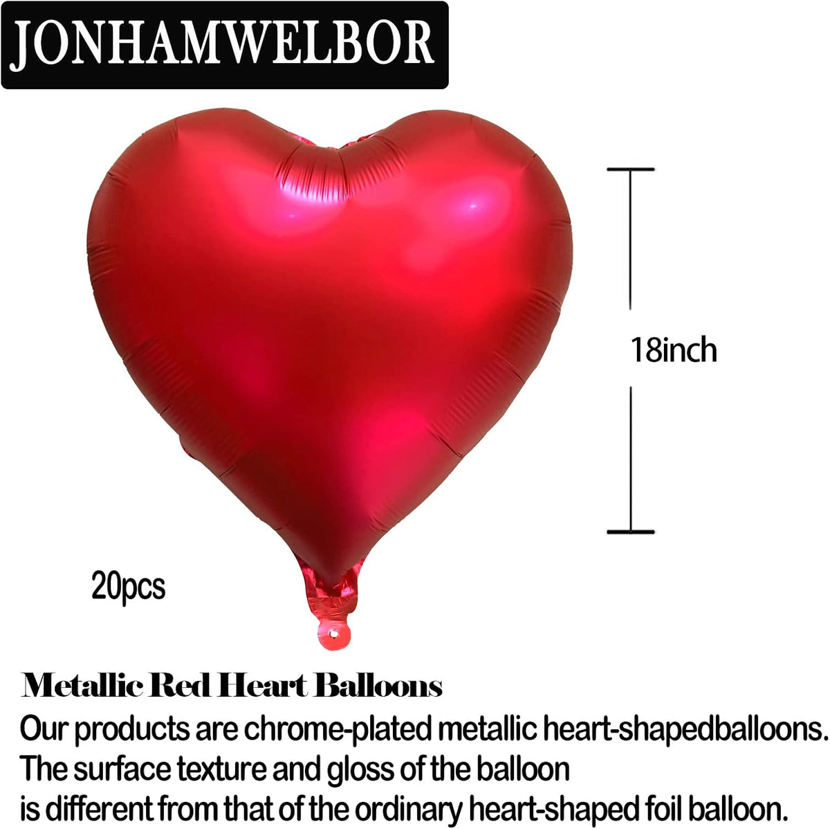 Jonhamwelbor 20Pcs 18 inch Metallic Red Foil Mylar Heart Shape Balloons Decorations Valentines