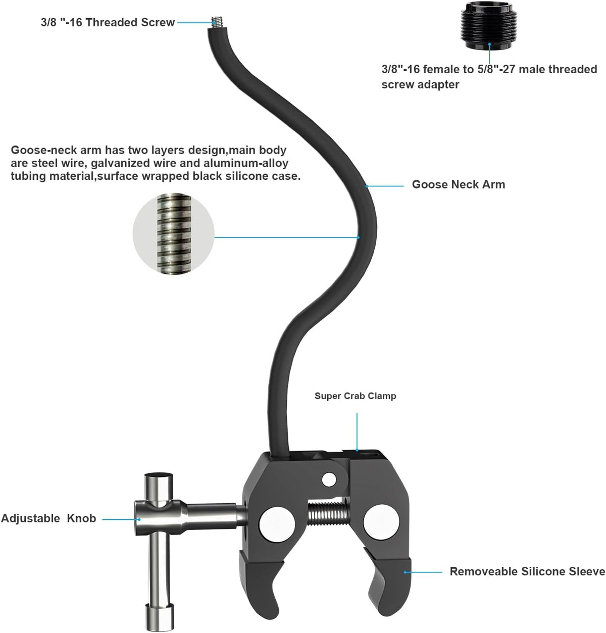 Gooseneck Microphone Stand,19.69" Flexible Adjustable Arm Super Crab Clamp Mic Clip 3/8"-16 to