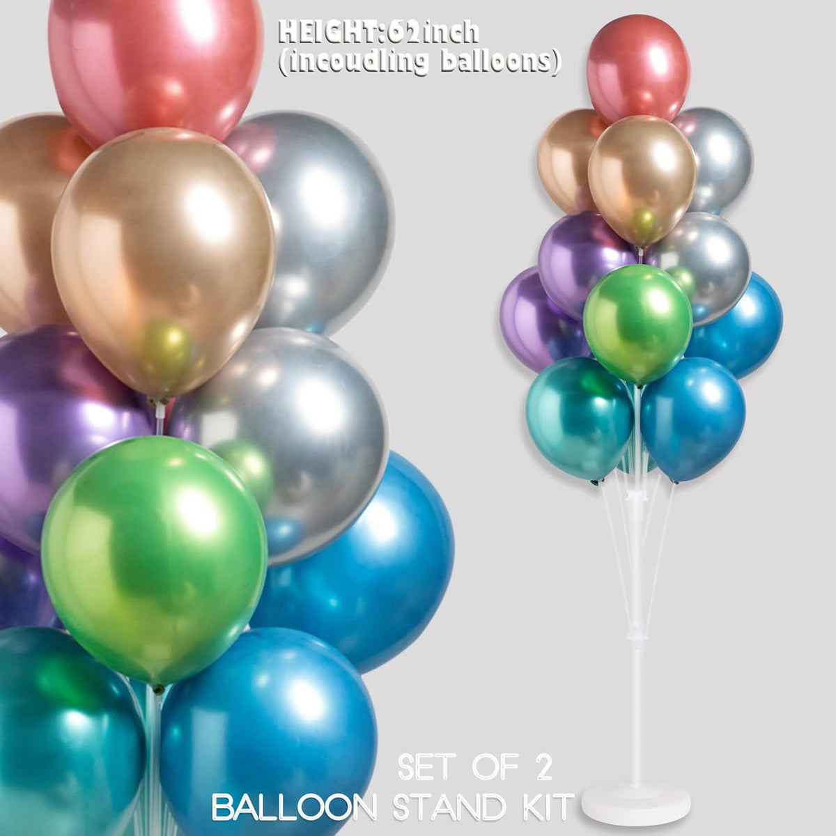 Balloon Column Kit for Floor- Set of 2 Colorful Chrome Metallic Balloon Columns with Stand