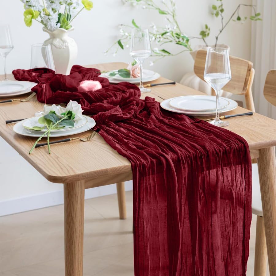 8 Pack 10Ft Table Runner 35x120 inch Burgundy Boho Gauze Table Cheese Cloth Long Wrinkled Sheer