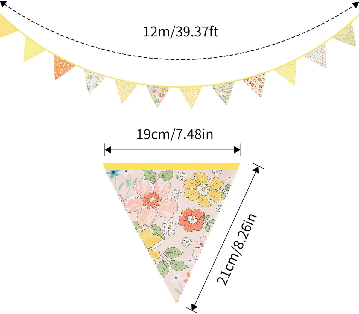 jijAcraft 39Ft Triangle Bunting Banner, 42Pcs Tea Floral Party Bunting Cotton Fabric Flags Pennant