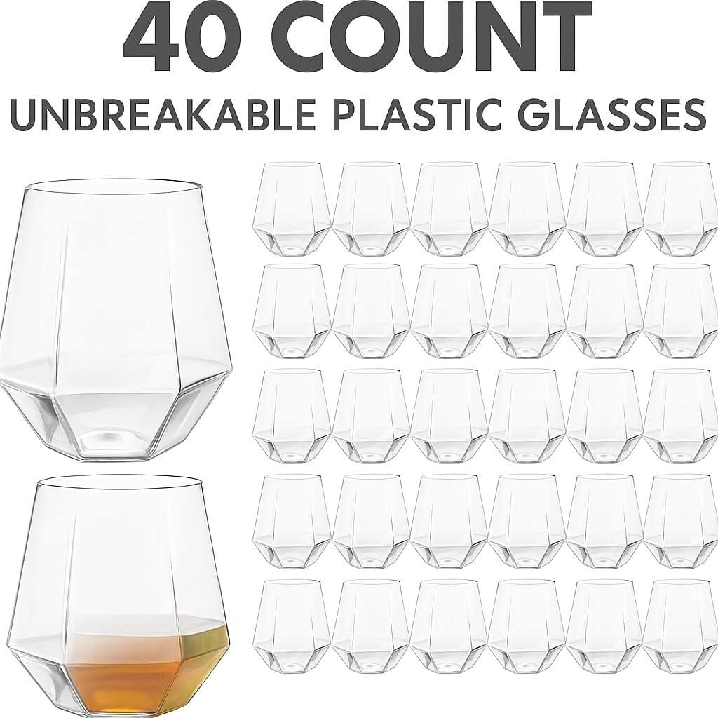 40 count Diamond Unbreakable Stemless Plastic Wine Champagne Whiskey Glasses Elegant Durable