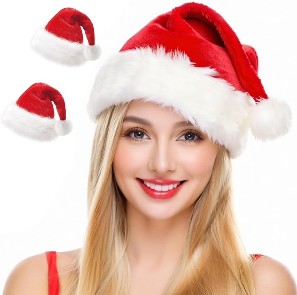 Santa Hat for Adults Christmas Hat Red Velvet Double-Layer Thickening Unisex Holiday Xmas Hats for