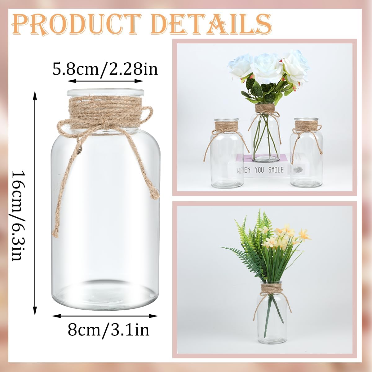 Vintage Glass Flower Vase，6 Pack FarmhouseTransparent White Glass Centerpiece Vases Mason Jars for