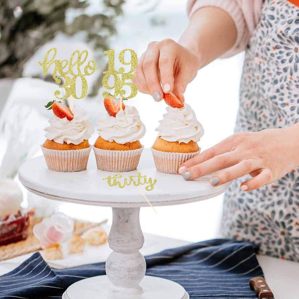 24 Pcs Gold Glitter 30th Birthday Cupcake Toppers for 30th Anniversary Birthday Party Wedding Party