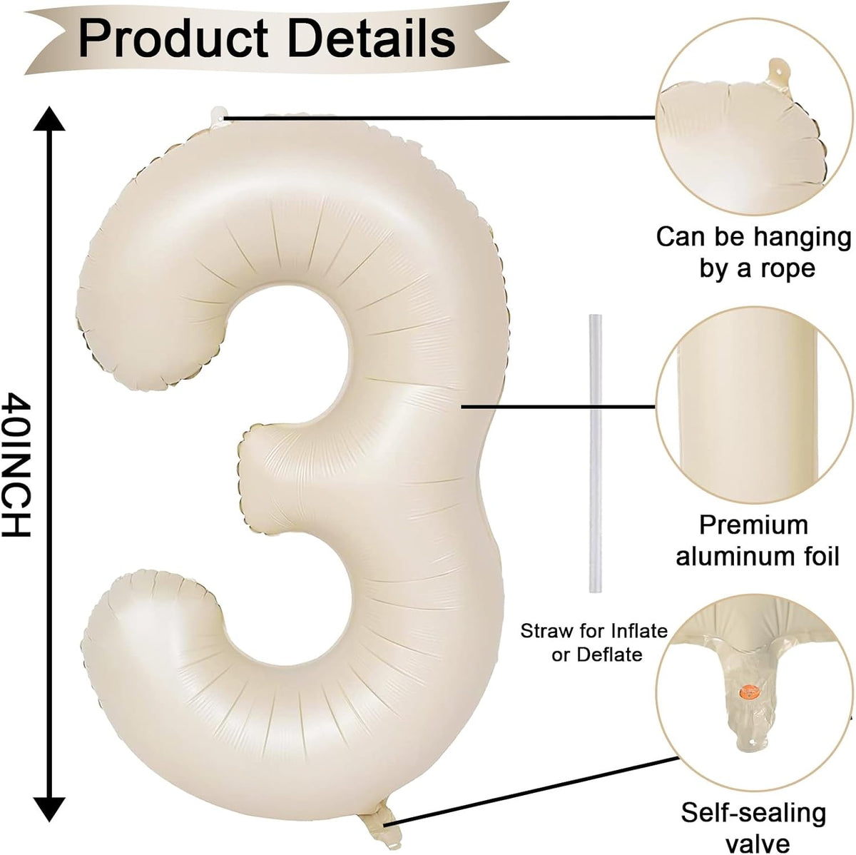 40 Inch Beige Numbers Balloons 3, Large Self Inflating Cream White Digit 3 Helium Balloons for 3rd
