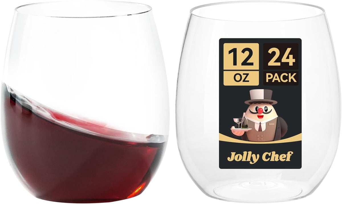JOLLY CHEF 24 Pack 12 Oz Disposable Plastic Wine Glasses. Shatterproof, Unbreakable, Crystal